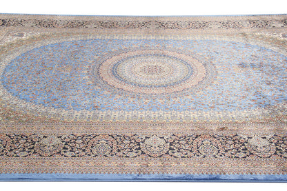 Tappeto Stile Orientale Qoum Shah - Effetto Seta - Disegno Classico - Blu