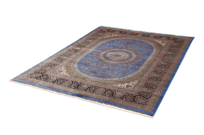 Tappeto Stile Orientale Qoum Shah - Effetto Seta - Disegno Classico - Blu