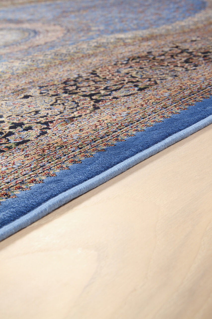 Tappeto Stile Orientale Qoum Shah - Effetto Seta - Disegno Classico - Blu