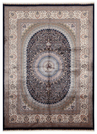 Tappeto Stile Orientale Qoum Shah - Effetto Seta - Disegno Classico - Blu Navy - CarpetLiving