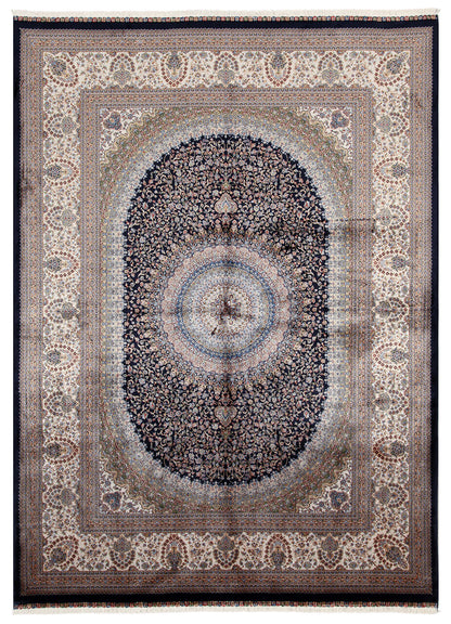Tappeto Stile Orientale Qoum Shah - Effetto Seta - Disegno Classico - Blu Navy
