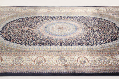 Tappeto Stile Orientale Qoum Shah - Effetto Seta - Disegno Classico - Blu Navy