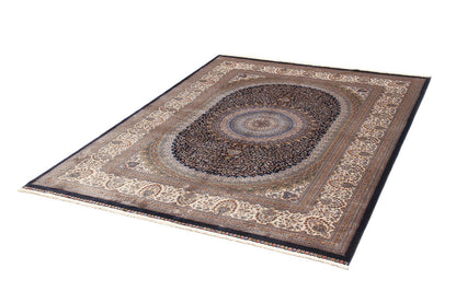 Tappeto Stile Orientale Qoum Shah - Effetto Seta - Disegno Classico - Blu Navy