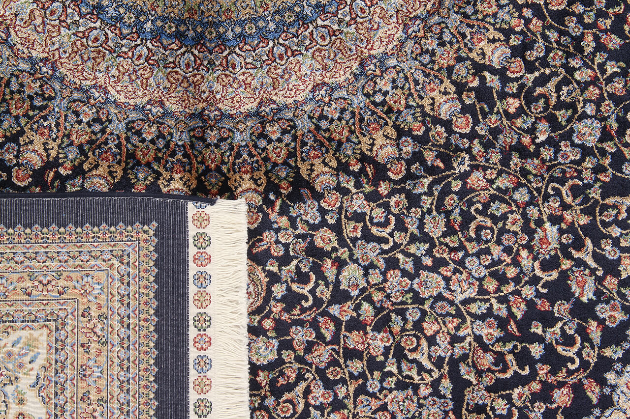 Tappeto Stile Orientale Qoum Shah - Effetto Seta - Disegno Classico - Blu Navy