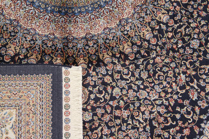 Tappeto Stile Orientale Qoum Shah - Effetto Seta - Disegno Classico - Blu Navy