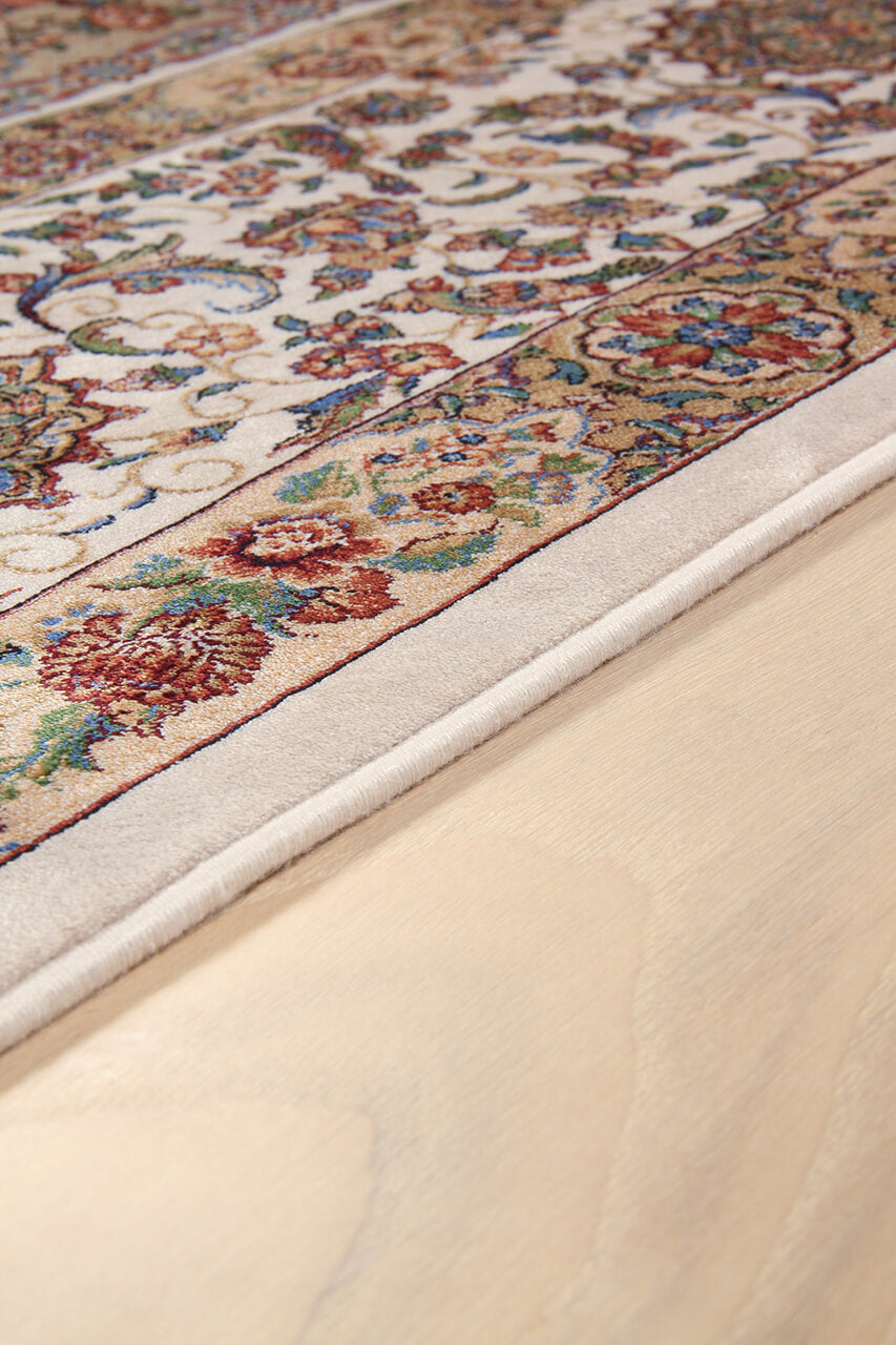 Tappeto Stile Orientale Qoum Shah - Effetto Seta - Disegno Classico - Rosso Crema