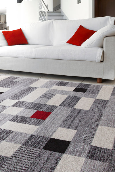 Tappeto Moderno Geometrico CASA - Grigio Rosso | Ideale per Soggiorno e Camera da Letto - CarpetLiving