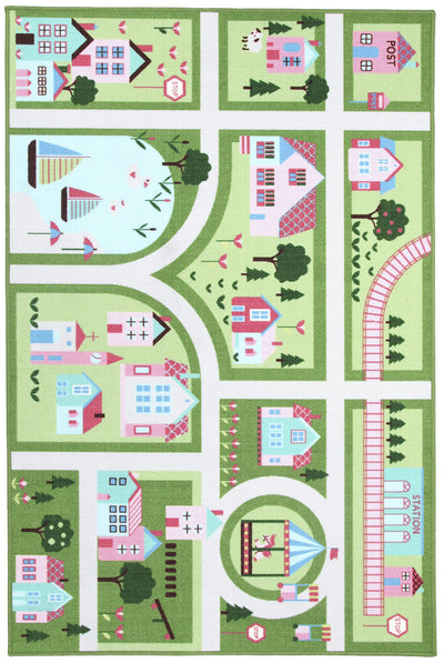 Tappeto da Gioco per Bambini - Verde e Rosa - Disegno Strada e Casette - Tappeto per la Cameretta - Sicuro e Certificato - CarpetLiving