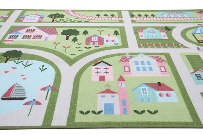 Tappeto da Gioco per Bambini - Verde e Rosa - Disegno Strada e Casette - Tappeto per la Cameretta - Sicuro e Certificato - CarpetLiving