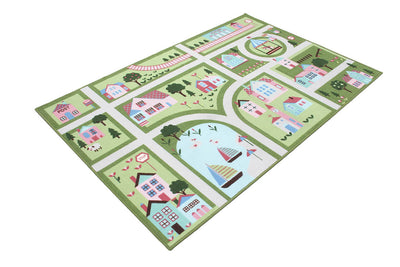 Tappeto da Gioco per Bambini - Verde e Rosa - Disegno Strada e Casette - Tappeto per la Cameretta - Sicuro e Certificato - CarpetLiving