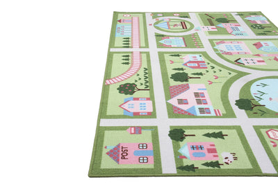 Tappeto da Gioco per Bambini - Verde e Rosa - Disegno Strada e Casette - Tappeto per la Cameretta - Sicuro e Certificato - CarpetLiving