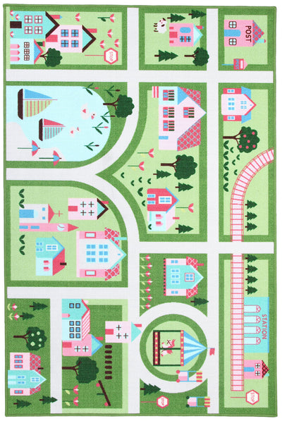 Tappeto da Gioco per Bambini - Verde e Rosa - Disegno Strada e Casette - Tappeto per la Cameretta - Sicuro e Certificato - CarpetLiving