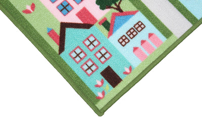 Tappeto da Gioco per Bambini - Verde e Rosa - Disegno Strada e Casette - Tappeto per la Cameretta - Sicuro e Certificato - CarpetLiving