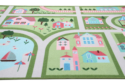 Tappeto da Gioco per Bambini - Verde e Rosa - Disegno Strada e Casette - Tappeto per la Cameretta - Sicuro e Certificato - CarpetLiving