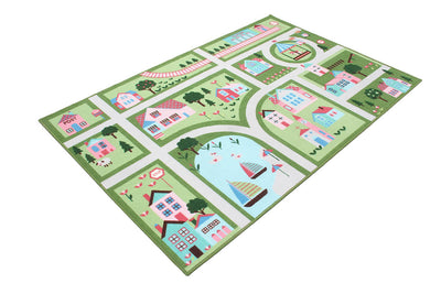 Tappeto da Gioco per Bambini - Verde e Rosa - Disegno Strada e Casette - Tappeto per la Cameretta - Sicuro e Certificato - CarpetLiving