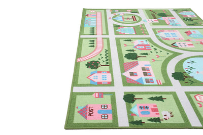 Tappeto da Gioco per Bambini - Verde e Rosa - Disegno Strada e Casette - Tappeto per la Cameretta - Sicuro e Certificato - CarpetLiving