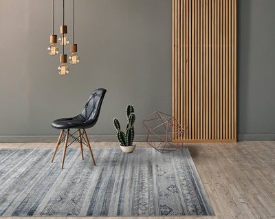 Tappeto Stile Vintage Etnico Celestine Blu, Grigio Chiaro in Viscosa - Disegno Classico Orientale | Ideale per Soggiorno, Camera da Letto - CarpetLiving