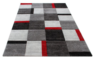Tappeto Moderno Ray Geometrico a Blocchi - Grigio Rosso - Antiscivolo | Ideale per Soggiorno, Camera da Letto, Sala da Pranzo - CarpetLiving