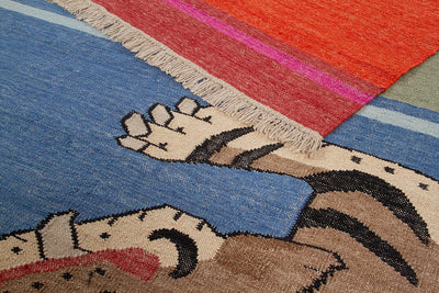 Tappeto Kilim Moderno Hippie in Lana Multicolore - Realizzato a Mano - Disegno Tigre - CarpetLiving