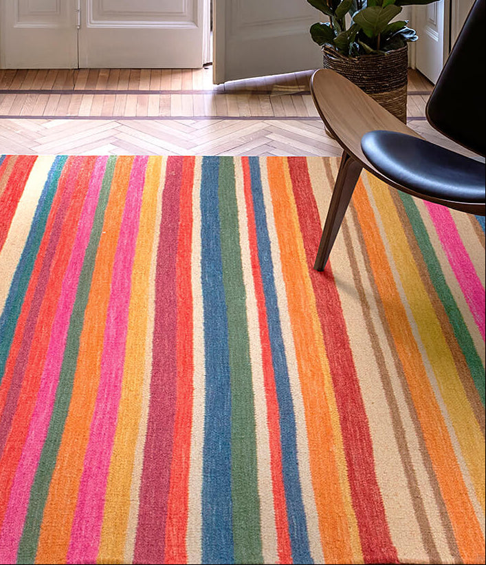 Tappeto Kilim Moderno Hippie in Lana Multicolore - Realizzato a Mano