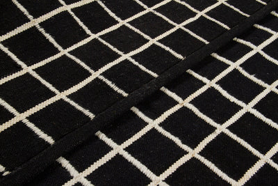 Tappeto Kilim Moderno in Lana e Cotone - Realizzato a mano - Nero e Avorio | Ideale per Soggiorno, Camera da Letto, Sala da Pranzo - CarpetLiving