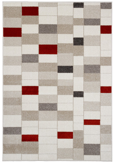 Tappeto Moderno Geometrico Casa Avorio, Rosso, Grigio - Disegno a Blocchi - Antiscivolo - CarpetLiving