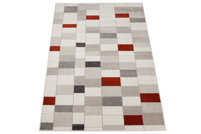 Tappeto Moderno Geometrico Casa Avorio, Rosso, Grigio - Disegno a Blocchi - Antiscivolo - CarpetLiving