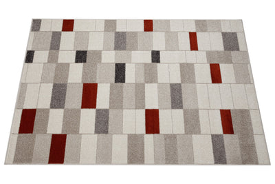 Tappeto Moderno Geometrico Casa Avorio, Rosso, Grigio - Disegno a Blocchi - Antiscivolo - CarpetLiving