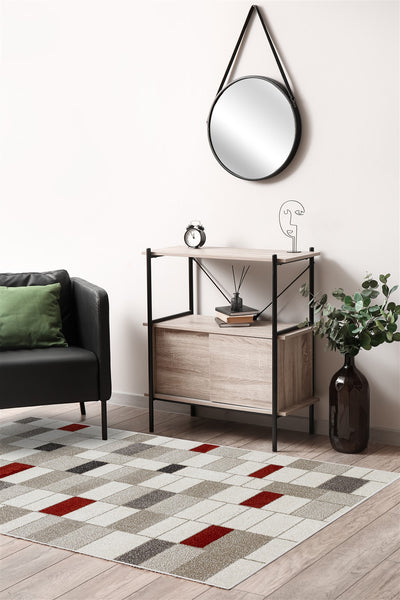 Tappeto Moderno Geometrico Casa Avorio, Rosso, Grigio - Disegno a Blocchi - Antiscivolo - CarpetLiving