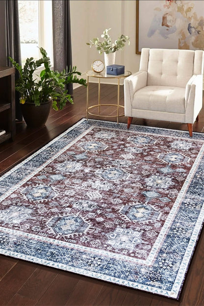 Tappeto Lavabile Stile Orientale Vintage - Design Rosso Blu