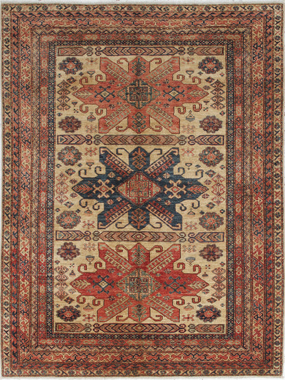 Classic Kazak carpet, Beige, Red, Caucasian style, handmade, 238x175cm