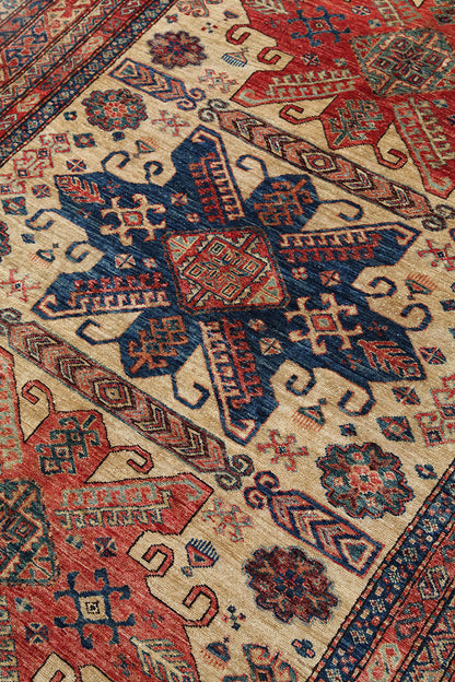 Classic Kazak carpet, Beige, Red, Caucasian style, handmade, 238x175cm