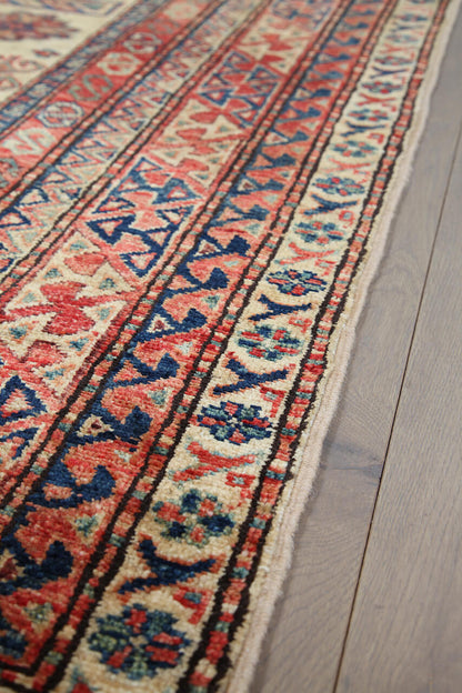 Classic Kazak carpet, Beige, Red, Caucasian style, handmade, 238x175cm