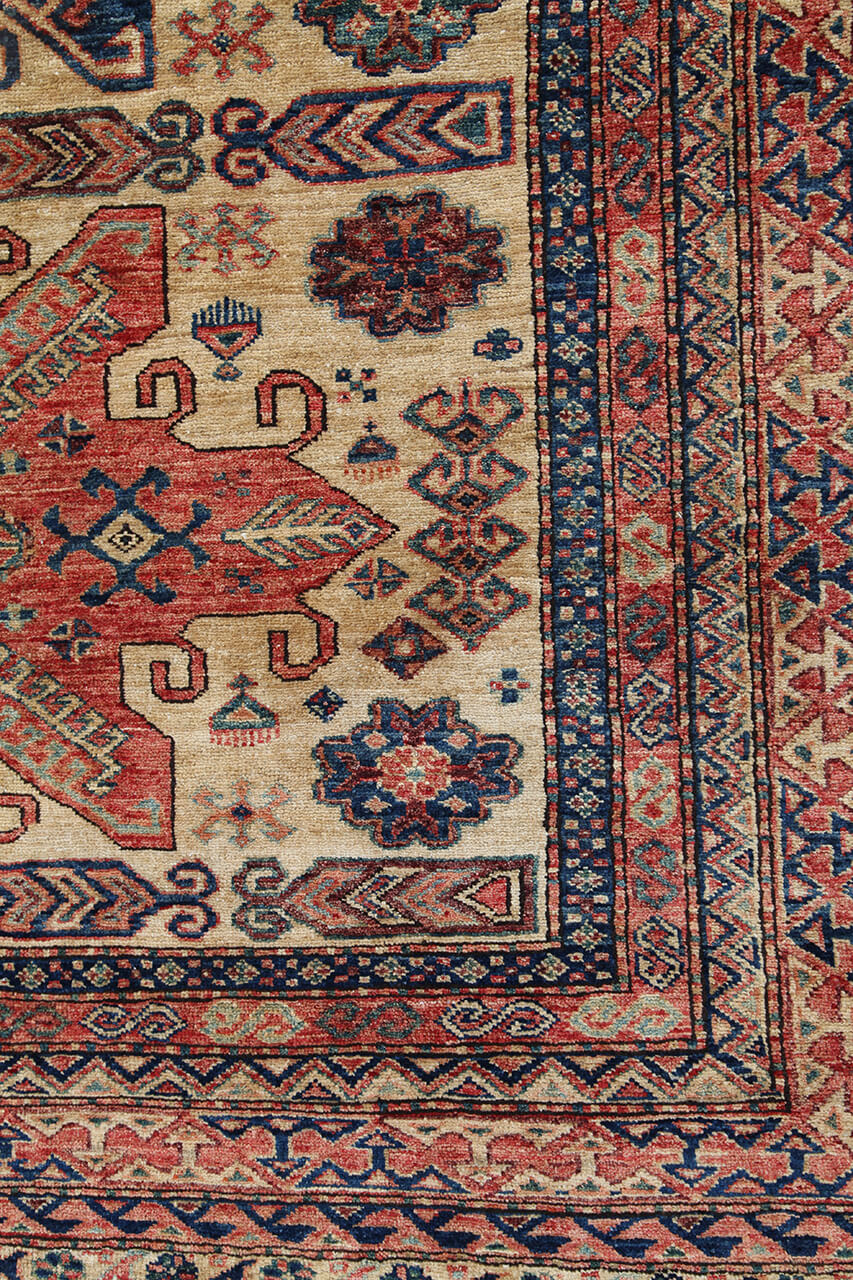 Classic Kazak carpet, Beige, Red, Caucasian style, handmade, 238x175cm