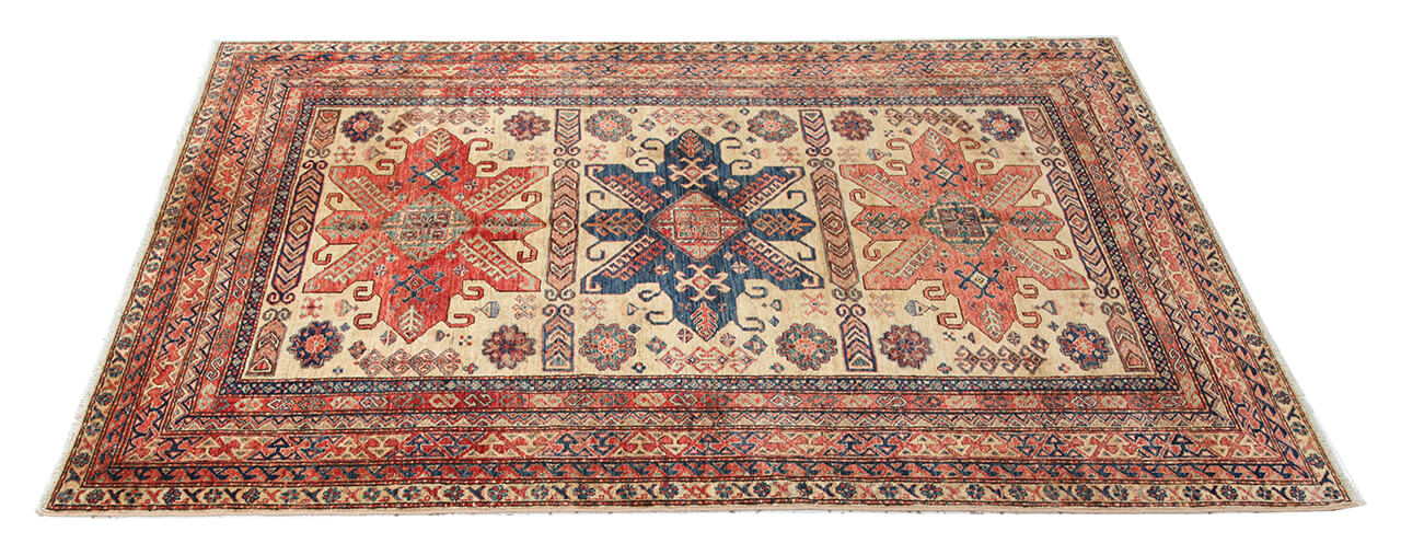 Classic Kazak carpet, Beige, Red, Caucasian style, handmade, 238x175cm