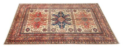 Classic Kazak carpet, Beige, Red, Caucasian style, handmade, 238x175cm