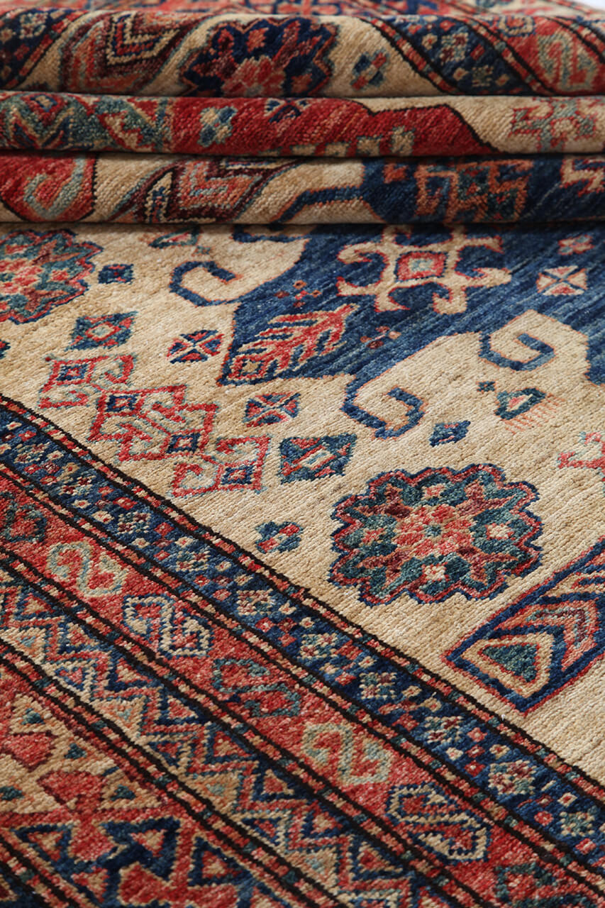 Classic Kazak carpet, Beige, Red, Caucasian style, handmade, 238x175cm