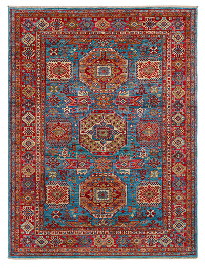 Tappeto Kazak Classico, Blu e Rosso, fatto a mano, 204x154cm - CarpetLiving