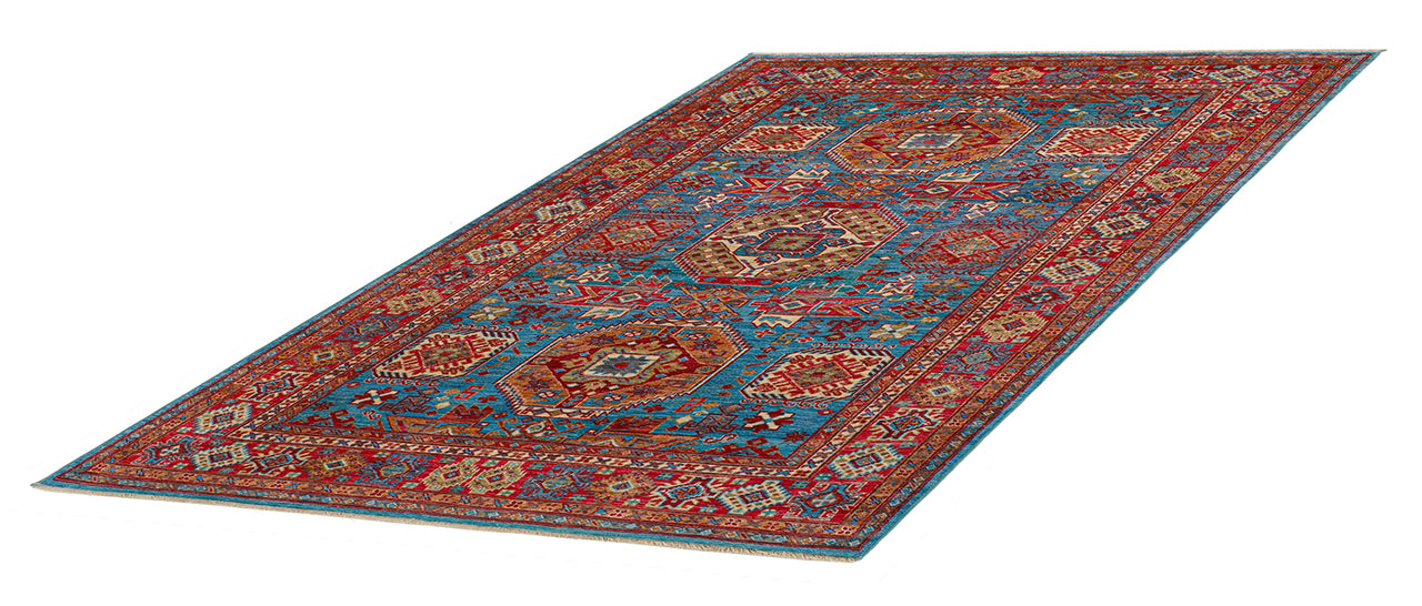 Classic Kazak carpet, Blue and Red, handmade, 204x154cm