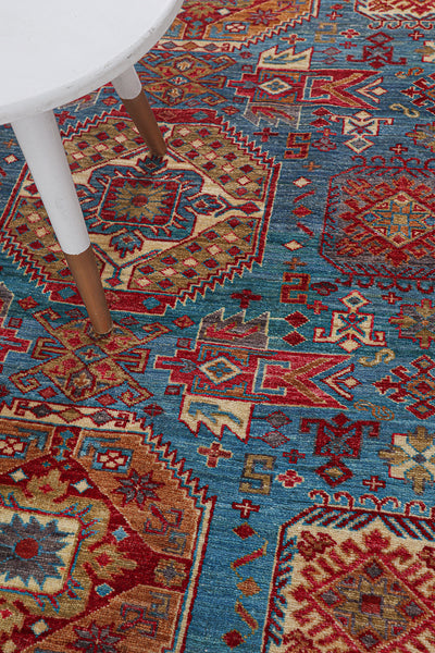 Tappeto Kazak Classico, Blu e Rosso, fatto a mano, 204x154cm - CarpetLiving