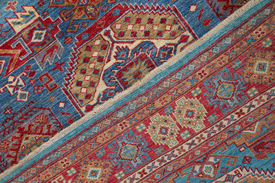 Tappeto Kazak Classico, Blu e Rosso, fatto a mano, 204x154cm - CarpetLiving