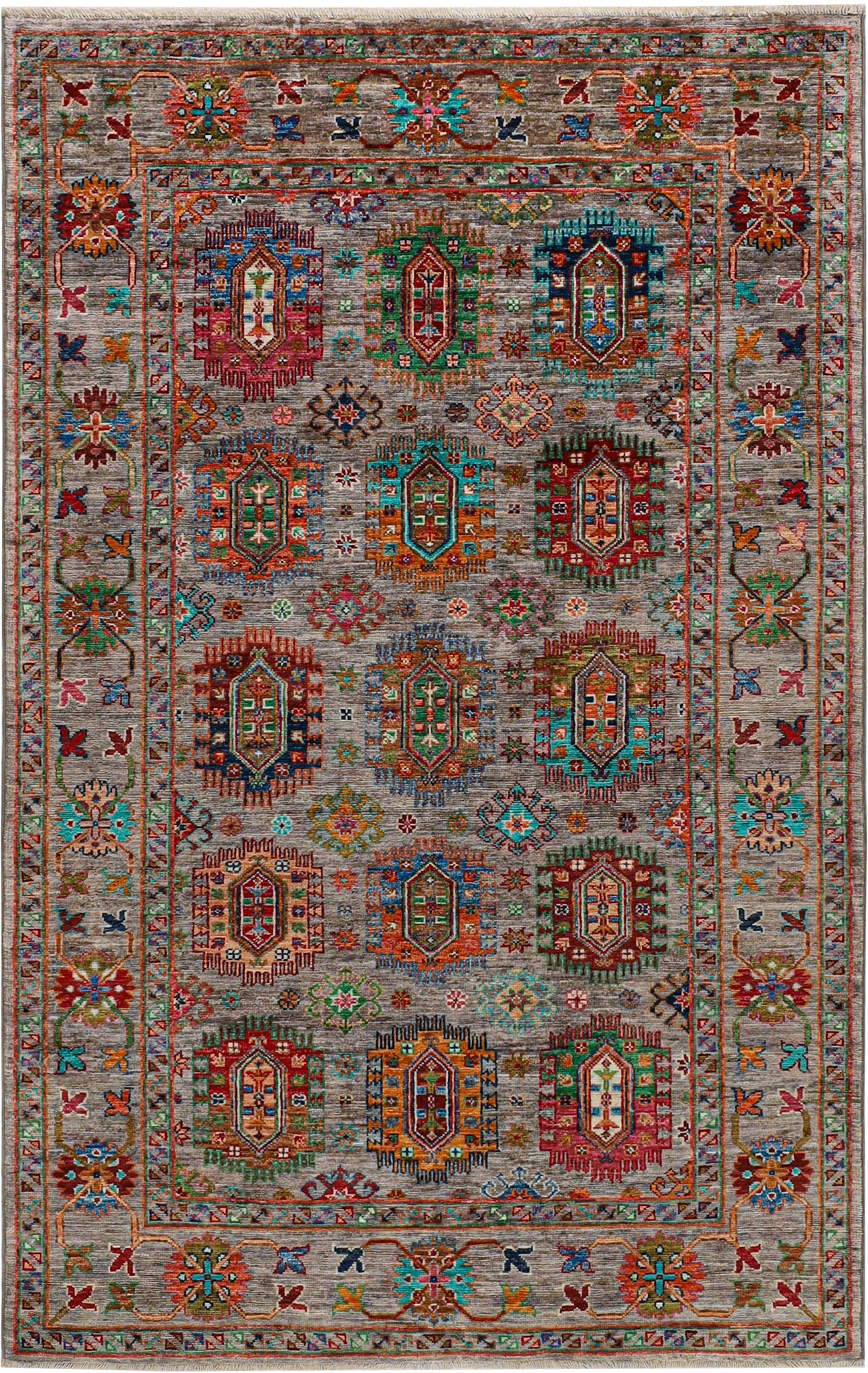 Tappeto Afghan grigio in lana, fatto a mano 195x123cm