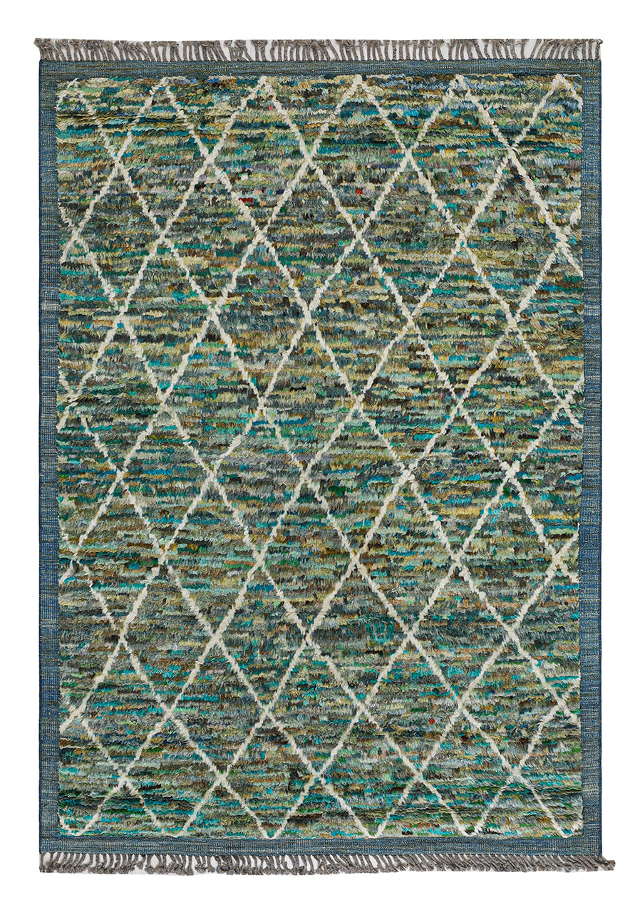 Long pile Berber carpet green, handmade 254x170cm