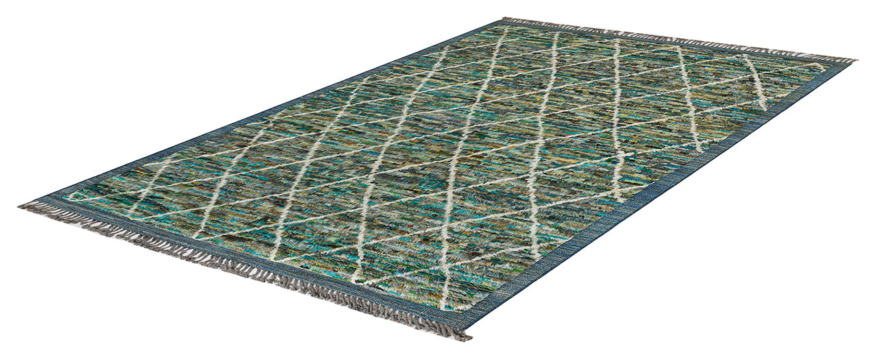 Long pile Berber carpet green, handmade 254x170cm