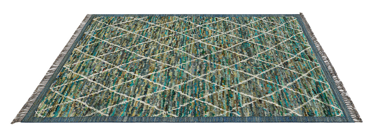 Long pile Berber carpet green, handmade 254x170cm