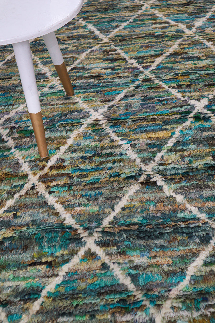 Long pile Berber carpet green, handmade 254x170cm