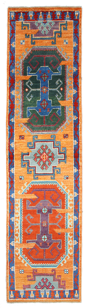 Classic Kazak runner rug, Orange, handmade, 313x79cm