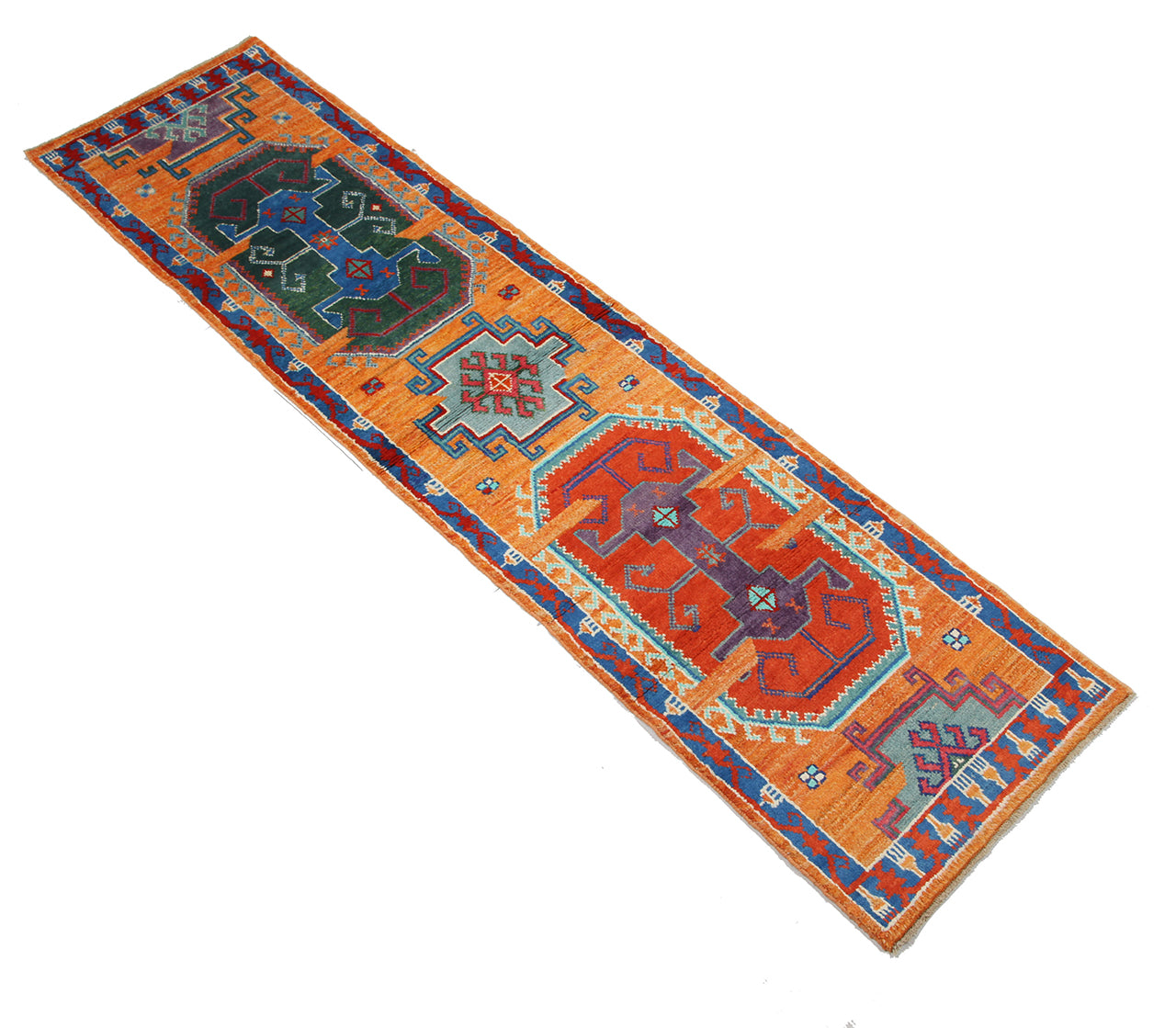 Classic Kazak runner rug, Orange, handmade, 313x79cm