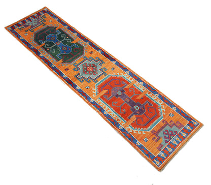 Classic Kazak runner rug, Orange, handmade, 313x79cm