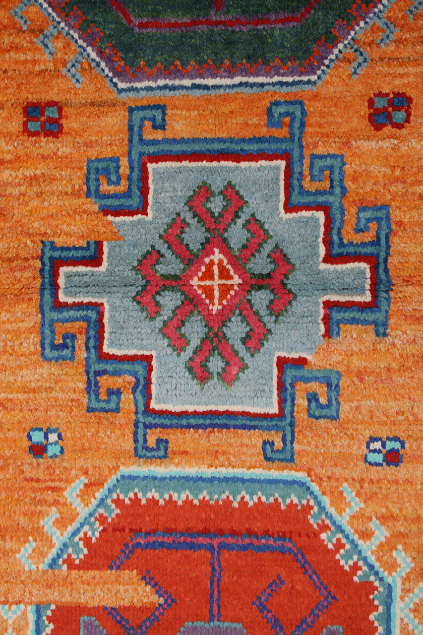 Classic Kazak runner rug, Orange, handmade, 313x79cm